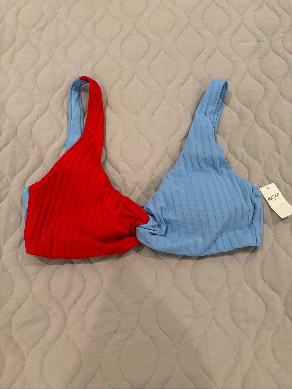 Aerie Two-toned Ribbed Bikini Top - Red & Light Blue